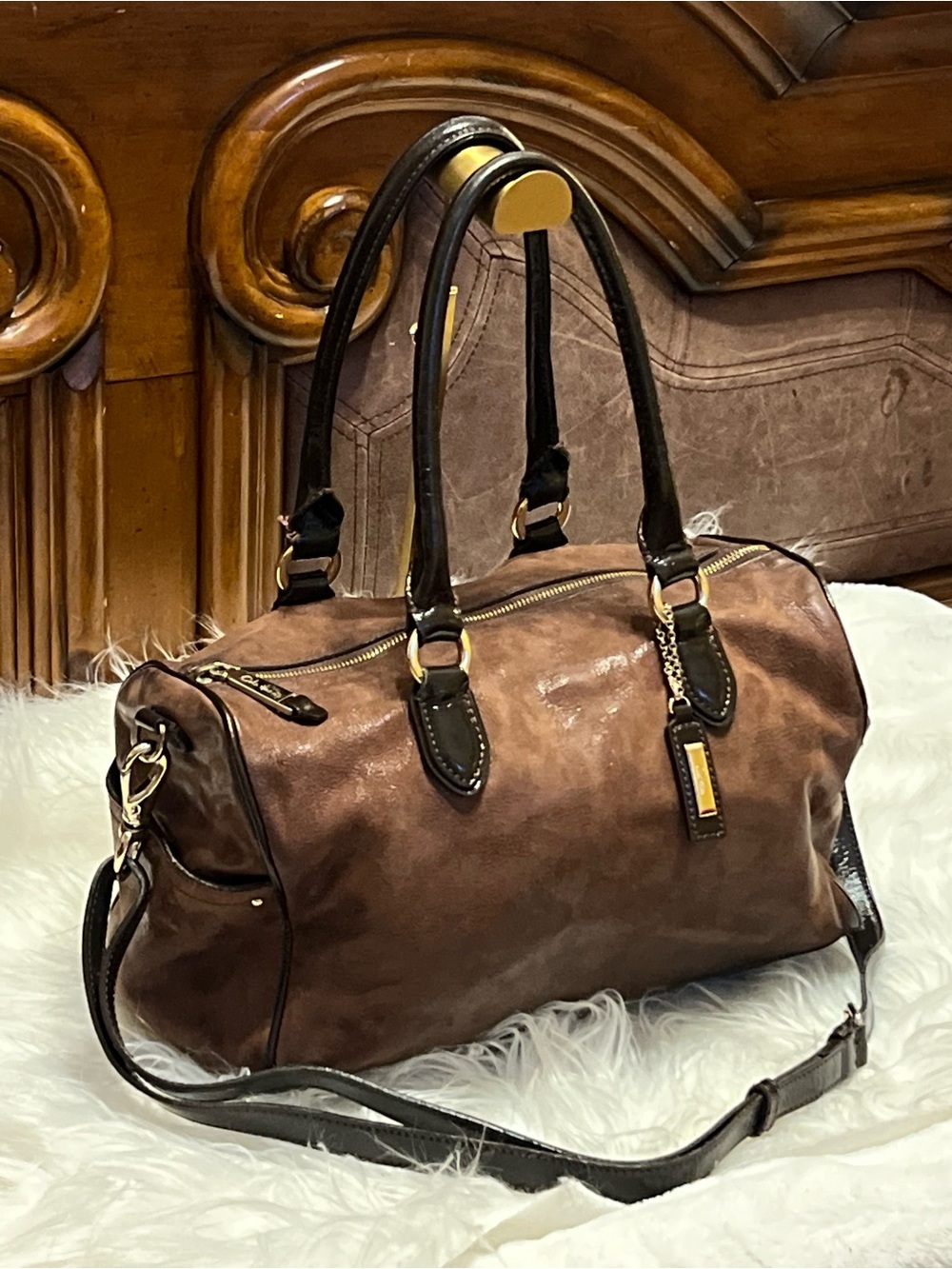 Cole Haan Brown shimmers Leather Satchel with Dark Trim and Removable Strap